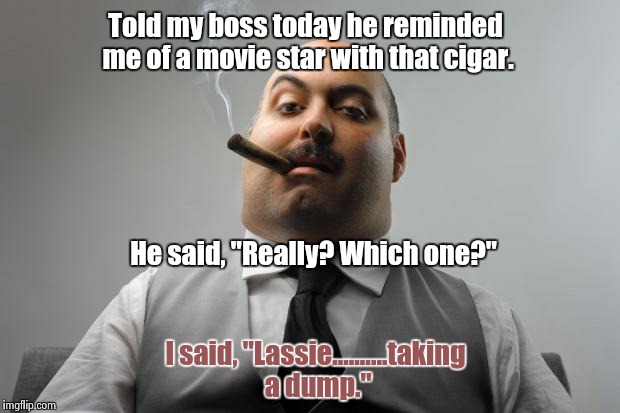 Works you like a dog | Told my boss today he reminded me of a movie star with that cigar. He said, "Really? Which one?"; I said, "Lassie..........taking a dump." | image tagged in memes,scumbag boss | made w/ Imgflip meme maker