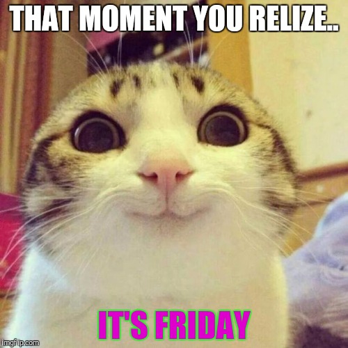 Smiling Cat Meme | THAT MOMENT YOU RELIZE.. IT'S FRIDAY | image tagged in memes,smiling cat | made w/ Imgflip meme maker