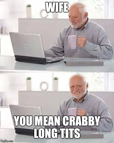 Hide the Pain Harold | WIFE; YOU MEAN CRABBY LONG TITS | image tagged in memes,hide the pain harold | made w/ Imgflip meme maker