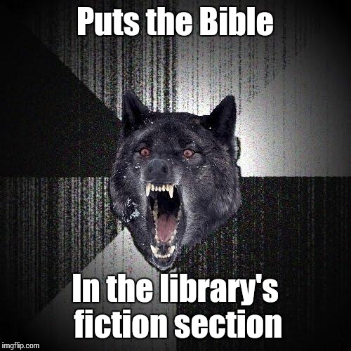 I did not mean to offend anyone, but if I did, I apolagize | Puts the Bible; In the library's fiction section | image tagged in memes,insanity wolf,trhtimmy,bible,libraries | made w/ Imgflip meme maker