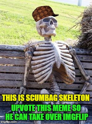 Scumbag Skeleton | UPVOTE THIS MEME
SO HE CAN TAKE OVER IMGFLIP; THIS IS SCUMBAG SKELETON | image tagged in memes,waiting skeleton,scumbag,imgflip,upvote,youtube | made w/ Imgflip meme maker