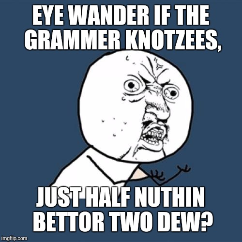 Y U No Meme | EYE WANDER IF THE GRAMMER KNOTZEES, JUST HALF NUTHIN BETTOR TWO DEW? | image tagged in memes,y u no | made w/ Imgflip meme maker