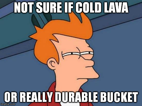 Futurama Fry Meme | NOT SURE IF COLD LAVA OR REALLY DURABLE BUCKET | image tagged in memes,futurama fry | made w/ Imgflip meme maker