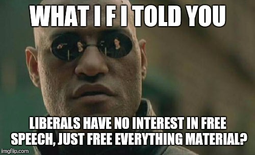 Matrix Morpheus Meme | WHAT I F I TOLD YOU LIBERALS HAVE NO INTEREST IN FREE SPEECH, JUST FREE EVERYTHING MATERIAL? | image tagged in memes,matrix morpheus | made w/ Imgflip meme maker