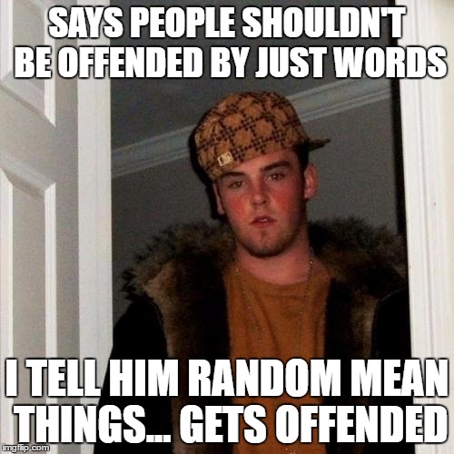 Scumbag Steve | SAYS PEOPLE SHOULDN'T BE OFFENDED BY JUST WORDS; I TELL HIM RANDOM MEAN THINGS... GETS OFFENDED | image tagged in memes,scumbag steve | made w/ Imgflip meme maker