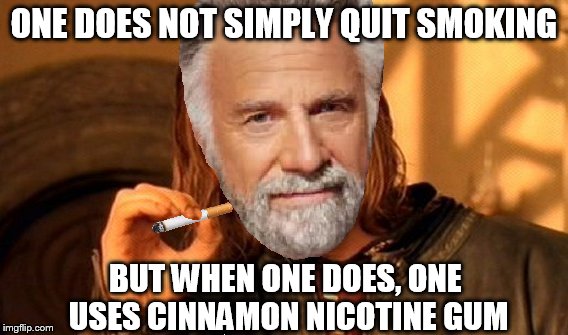 ONE DOES NOT SIMPLY QUIT SMOKING BUT WHEN ONE DOES, ONE USES CINNAMON NICOTINE GUM | made w/ Imgflip meme maker