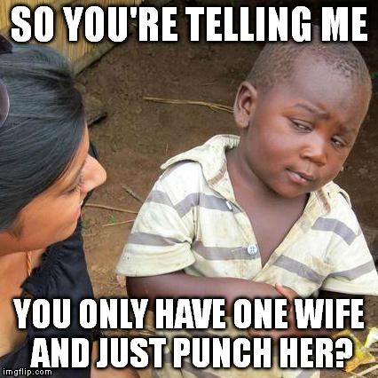 White house wives vs Third world House wives | SO YOU'RE TELLING ME; YOU ONLY HAVE ONE WIFE AND JUST PUNCH HER? | image tagged in memes,third world skeptical kid,nsfw,offensive | made w/ Imgflip meme maker