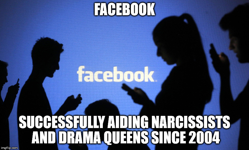 I hate facebook | FACEBOOK; SUCCESSFULLY AIDING NARCISSISTS AND DRAMA QUEENS SINCE 2004 | image tagged in facebook,meme,narcissist,drama queen | made w/ Imgflip meme maker