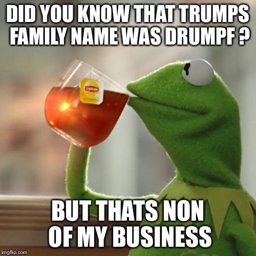 But That's None Of My Business | DID YOU KNOW THAT TRUMPS FAMILY NAME WAS DRUMPF ? BUT THATS NON OF MY BUSINESS | image tagged in memes,but thats none of my business,kermit the frog | made w/ Imgflip meme maker