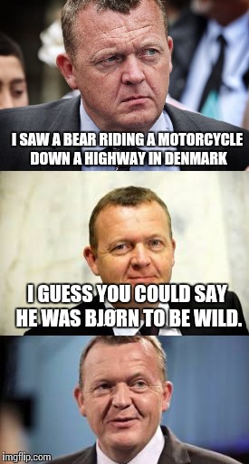I give you - "Bad Pun Lars" from the Ministry of Stale Memes in Denmark. | I SAW A BEAR RIDING A MOTORCYCLE DOWN A HIGHWAY IN DENMARK; I GUESS YOU COULD SAY HE WAS BJØRN TO BE WILD. | image tagged in bad pun,denmark,lars lokke rasmussen | made w/ Imgflip meme maker