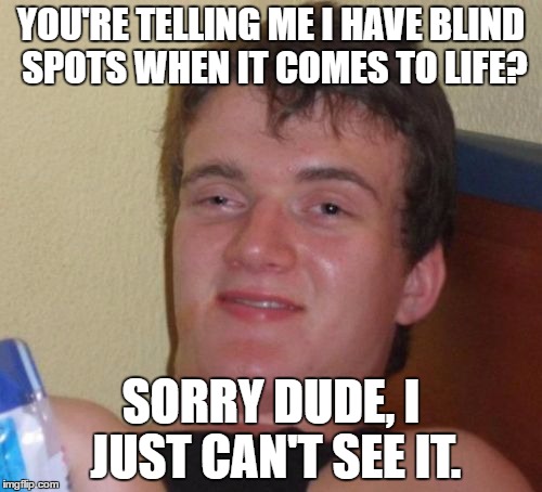 10 Guy Meme | YOU'RE TELLING ME I HAVE BLIND SPOTS WHEN IT COMES TO LIFE? SORRY DUDE, I JUST CAN'T SEE IT. | image tagged in memes,10 guy | made w/ Imgflip meme maker