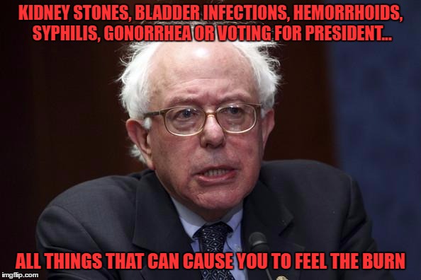 feel the burn |  KIDNEY STONES, BLADDER INFECTIONS, HEMORRHOIDS, SYPHILIS, GONORRHEA OR VOTING FOR PRESIDENT... ALL THINGS THAT CAN CAUSE YOU TO FEEL THE BURN | image tagged in bernie sanders,stds,kidney stones,hemorrhoids,voting | made w/ Imgflip meme maker