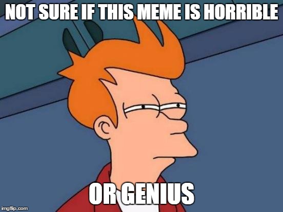 Futurama Fry Meme | NOT SURE IF THIS MEME IS HORRIBLE OR GENIUS | image tagged in memes,futurama fry | made w/ Imgflip meme maker