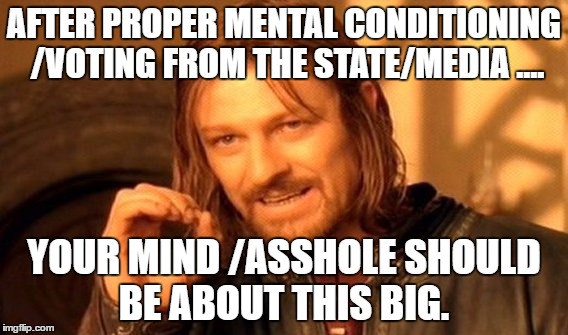 One Does Not Simply | AFTER PROPER MENTAL CONDITIONING /VOTING FROM THE STATE/MEDIA .... YOUR MIND /ASSHOLE SHOULD BE ABOUT THIS BIG. | image tagged in memes,one does not simply | made w/ Imgflip meme maker