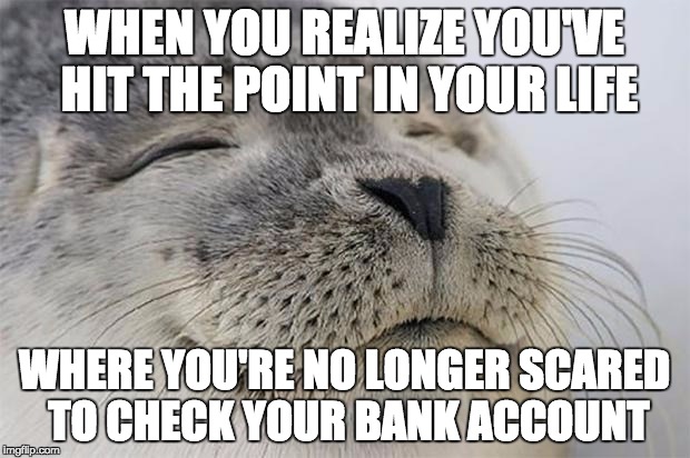 Satisfied Seal Meme | WHEN YOU REALIZE YOU'VE HIT THE POINT IN YOUR LIFE; WHERE YOU'RE NO LONGER SCARED TO CHECK YOUR BANK ACCOUNT | image tagged in memes,satisfied seal,AdviceAnimals | made w/ Imgflip meme maker