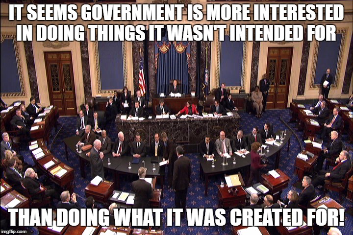 Senate floor | IT SEEMS GOVERNMENT IS MORE INTERESTED IN DOING THINGS IT WASN'T INTENDED FOR; THAN DOING WHAT IT WAS CREATED FOR! | image tagged in senate floor | made w/ Imgflip meme maker