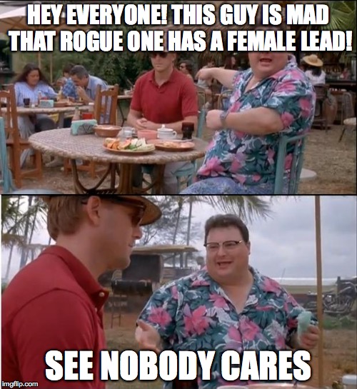 See Nobody Cares Meme | HEY EVERYONE! THIS GUY IS MAD THAT ROGUE ONE HAS A FEMALE LEAD! SEE NOBODY CARES | image tagged in memes,see nobody cares | made w/ Imgflip meme maker