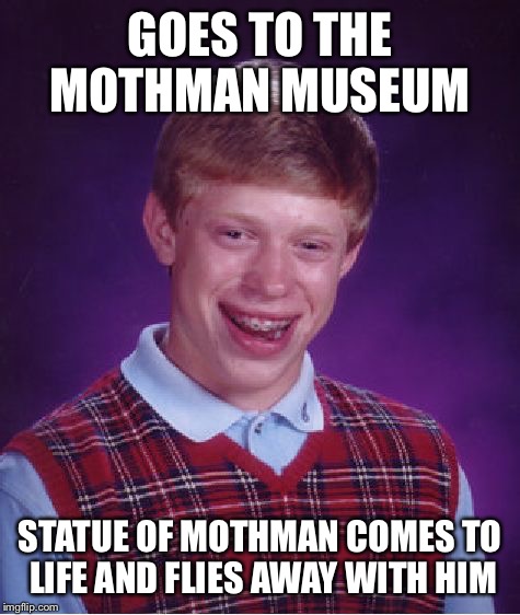 Bad Luck Brian Meme | GOES TO THE MOTHMAN MUSEUM; STATUE OF MOTHMAN COMES TO LIFE AND FLIES AWAY WITH HIM | image tagged in memes,bad luck brian | made w/ Imgflip meme maker