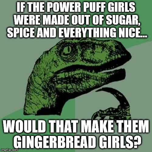 Philosoraptor | IF THE POWER PUFF GIRLS WERE MADE OUT OF SUGAR, SPICE AND EVERYTHING NICE... WOULD THAT MAKE THEM GINGERBREAD GIRLS? | image tagged in memes,philosoraptor | made w/ Imgflip meme maker