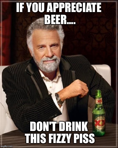 The Most Interesting Man In The World Meme | IF YOU APPRECIATE BEER.... DON'T DRINK THIS FIZZY PISS | image tagged in memes,the most interesting man in the world | made w/ Imgflip meme maker