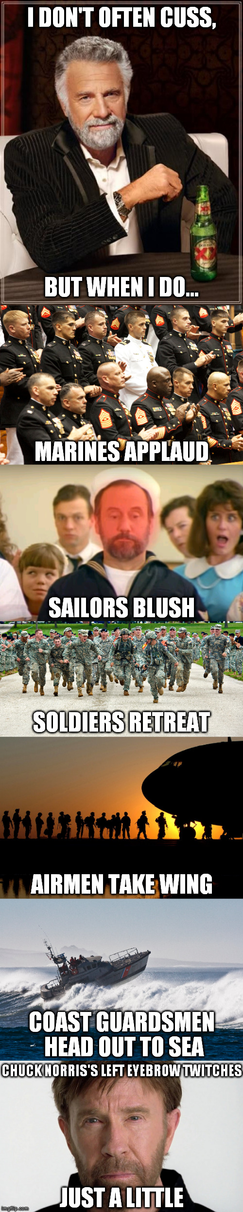 I DON'T OFTEN CUSS, BUT WHEN I DO... | I DON'T OFTEN CUSS, BUT WHEN I DO... MARINES APPLAUD; SAILORS BLUSH; SOLDIERS RETREAT; AIRMEN TAKE WING; COAST GUARDSMEN HEAD OUT TO SEA; CHUCK NORRIS'S LEFT EYEBROW TWITCHES; JUST A LITTLE | image tagged in marines,army,navy,air force,chuck norris,coast guard | made w/ Imgflip meme maker