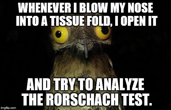 Weird Stuff I Do Potoo | WHENEVER I BLOW MY NOSE INTO A TISSUE FOLD, I OPEN IT; AND TRY TO ANALYZE THE RORSCHACH TEST. | image tagged in memes,weird stuff i do potoo | made w/ Imgflip meme maker