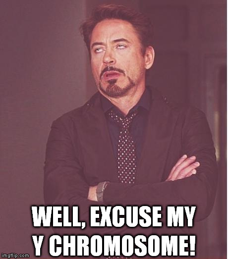 Well, excuse my Y chromosome! | WELL, EXCUSE MY; Y CHROMOSOME! | image tagged in memes,face you make robert downey jr,women,bitch,nag,men | made w/ Imgflip meme maker