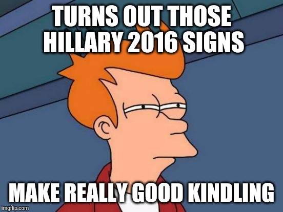 Futurama Fry | TURNS OUT THOSE HILLARY 2016 SIGNS; MAKE REALLY GOOD KINDLING | image tagged in memes,futurama fry | made w/ Imgflip meme maker