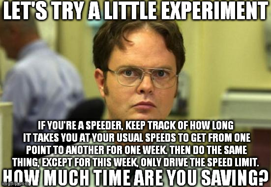 Dwight Schrute Meme | LET'S TRY A LITTLE EXPERIMENT; IF YOU'RE A SPEEDER, KEEP TRACK OF HOW LONG IT TAKES YOU AT YOUR USUAL SPEEDS TO GET FROM ONE POINT TO ANOTHER FOR ONE WEEK. THEN DO THE SAME THING, EXCEPT FOR THIS WEEK, ONLY DRIVE THE SPEED LIMIT. HOW MUCH TIME ARE YOU SAVING? | image tagged in memes,dwight schrute,speed,speeding,speeder,experiment | made w/ Imgflip meme maker