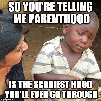 Third World Skeptical Kid | SO YOU'RE TELLING ME PARENTHOOD; IS THE SCARIEST HOOD YOU'LL EVER GO THROUGH | image tagged in memes,third world skeptical kid | made w/ Imgflip meme maker