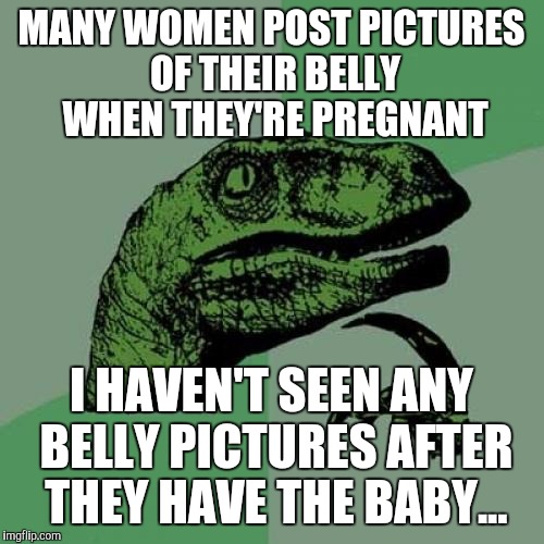 Never really got the concept in the first place | MANY WOMEN POST PICTURES OF THEIR BELLY WHEN THEY'RE PREGNANT; I HAVEN'T SEEN ANY BELLY PICTURES AFTER THEY HAVE THE BABY... | image tagged in memes,philosoraptor | made w/ Imgflip meme maker