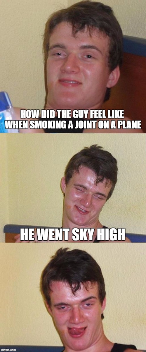 The original version of this meme was marked NSFW, i don't know why... | HOW DID THE GUY FEEL LIKE WHEN SMOKING A JOINT ON A PLANE; HE WENT SKY HIGH | image tagged in bad pun 10 guy,memes,10 guy,bad pun,bad pun dog,high | made w/ Imgflip meme maker