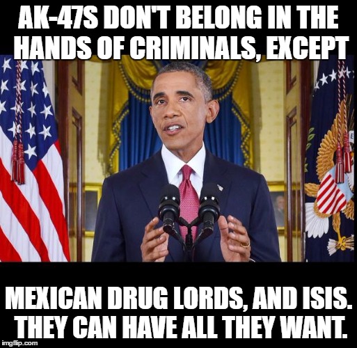 Obama's AK-47s | AK-47S DON'T BELONG IN THE HANDS OF CRIMINALS, EXCEPT; MEXICAN DRUG LORDS, AND ISIS. THEY CAN HAVE ALL THEY WANT. | image tagged in obama speech bars,obama,gun control,isis,crime | made w/ Imgflip meme maker