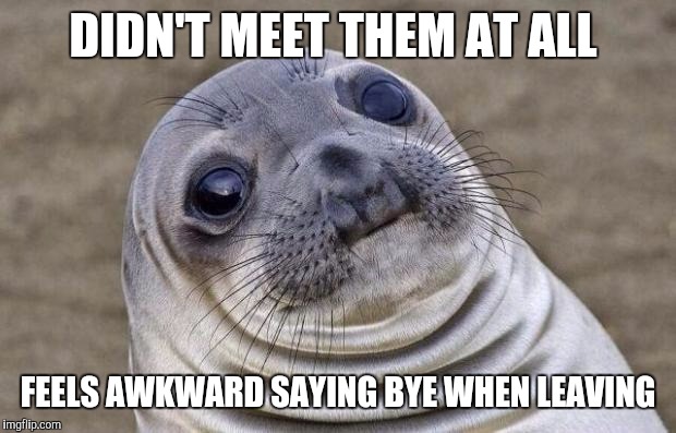 Awkward Moment Sealion | DIDN'T MEET THEM AT ALL; FEELS AWKWARD SAYING BYE WHEN LEAVING | image tagged in memes,awkward moment sealion,AdviceAnimals | made w/ Imgflip meme maker