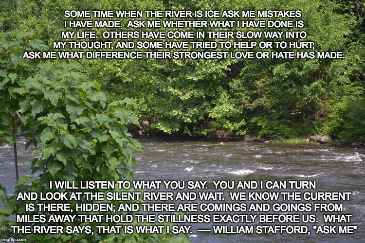 SOME TIME WHEN THE RIVER IS ICE ASK ME MISTAKES I HAVE MADE.  ASK ME WHETHER WHAT I HAVE DONE IS MY LIFE.  OTHERS HAVE COME IN THEIR SLOW WAY INTO MY THOUGHT, AND SOME HAVE TRIED TO HELP OR TO HURT; ASK ME WHAT DIFFERENCE THEIR STRONGEST LOVE OR HATE HAS MADE. I WILL LISTEN TO WHAT YOU SAY.  YOU AND I CAN TURN AND LOOK AT THE SILENT RIVER AND WAIT.  WE KNOW THE CURRENT IS THERE, HIDDEN; AND THERE ARE COMINGS AND GOINGS FROM MILES AWAY THAT HOLD THE STILLNESS EXACTLY BEFORE US.  WHAT THE RIVER SAYS, THAT IS WHAT I SAY.

---- WILLIAM STAFFORD, "ASK ME" | image tagged in thought,vocation | made w/ Imgflip meme maker