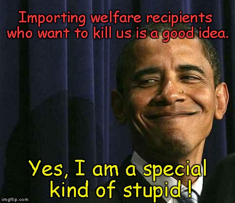 Obama special kind of stupid | Importing welfare recipients who want to kill us is a good idea. Yes, I am a special kind of stupid ! | image tagged in obama smug face,welfare recipients | made w/ Imgflip meme maker
