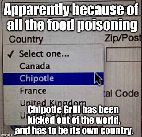 Sorry Chipotle. The world has spoken: | Apparently because of all the food poisoning; Chipotle Grill has been kicked out of the world, and has to be its own country. | image tagged in memes,chipotle,epic fail | made w/ Imgflip meme maker