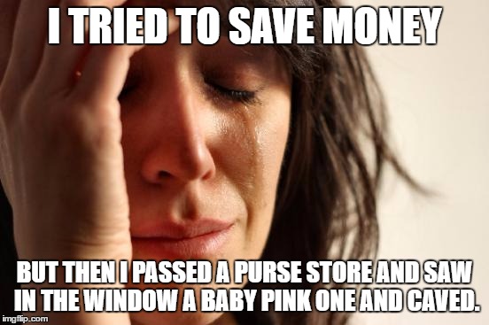 First World Problems | I TRIED TO SAVE MONEY; BUT THEN I PASSED A PURSE STORE AND SAW IN THE WINDOW A BABY PINK ONE AND CAVED. | image tagged in memes,first world problems | made w/ Imgflip meme maker