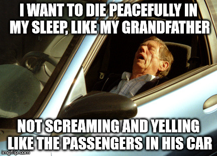 I want to die peacefully | I WANT TO DIE PEACEFULLY IN MY SLEEP, LIKE MY GRANDFATHER; NOT SCREAMING AND YELLING LIKE THE PASSENGERS IN HIS CAR | image tagged in meme,car,death | made w/ Imgflip meme maker