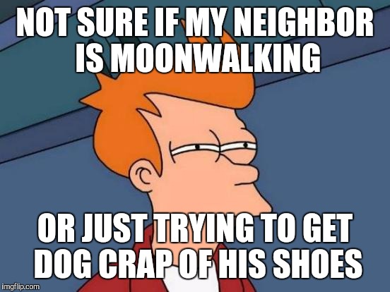 Futurama Fry | NOT SURE IF MY NEIGHBOR IS MOONWALKING; OR JUST TRYING TO GET DOG CRAP OF HIS SHOES | image tagged in memes,futurama fry | made w/ Imgflip meme maker