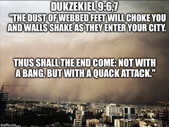 "THE DUST OF WEBBED FEET WILL CHOKE YOU AND WALLS SHAKE AS THEY ENTER YOUR CITY. THUS SHALL THE END COME: NOT WITH A BANG, BUT WITH A QUACK  | made w/ Imgflip meme maker