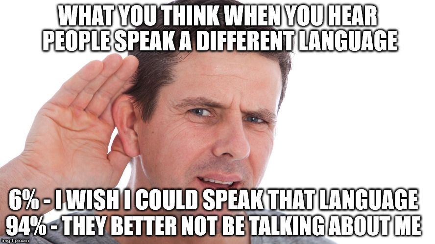 What did he say? | WHAT YOU THINK WHEN YOU HEAR PEOPLE SPEAK A DIFFERENT LANGUAGE; 6% - I WISH I COULD SPEAK THAT LANGUAGE; 94% - THEY BETTER NOT BE TALKING ABOUT ME | image tagged in language,foreign | made w/ Imgflip meme maker