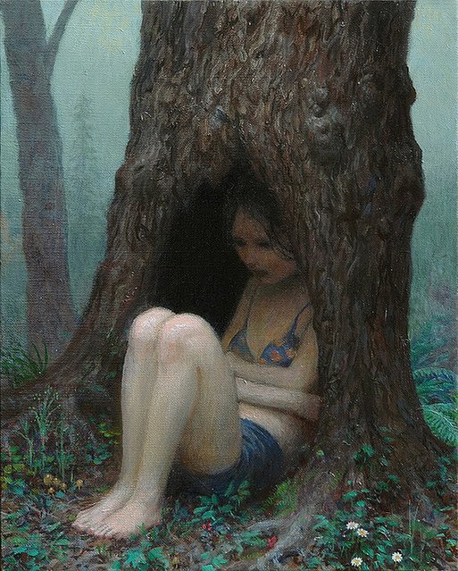 High Quality Aron Wiesenfeld painting girl sitting in hole in tree sad Blank Meme Template