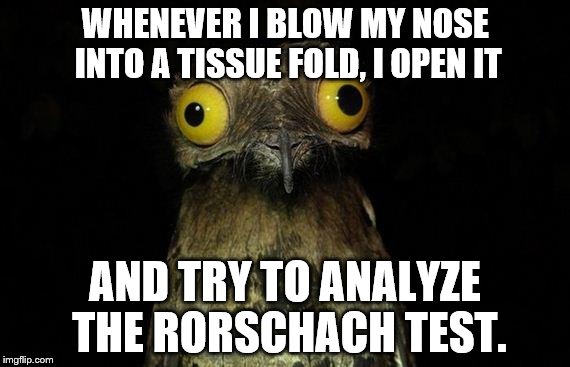 Weird Stuff I Do Potoo | WHENEVER I BLOW MY NOSE INTO A TISSUE FOLD, I OPEN IT; AND TRY TO ANALYZE THE RORSCHACH TEST. | image tagged in memes,weird stuff i do potoo | made w/ Imgflip meme maker