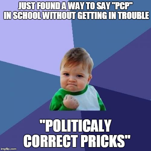 Success Kid | JUST FOUND A WAY TO SAY "PCP" IN SCHOOL WITHOUT GETTING IN TROUBLE; "POLITICALY CORRECT PRICKS" | image tagged in memes,success kid | made w/ Imgflip meme maker