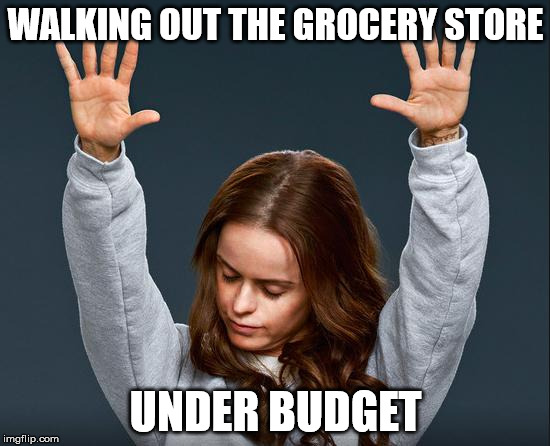 The struggle is real. | WALKING OUT THE GROCERY STORE; UNDER BUDGET | image tagged in praise the lord,budget,money,food,shopping,praise | made w/ Imgflip meme maker