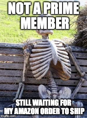 Waiting Skeleton | NOT A PRIME MEMBER; STILL WAITING FOR MY AMAZON ORDER TO SHIP | image tagged in memes,waiting skeleton | made w/ Imgflip meme maker