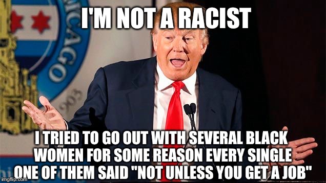 I'M NOT A RACIST; I TRIED TO GO OUT WITH SEVERAL BLACK WOMEN FOR SOME REASON EVERY SINGLE ONE OF THEM SAID "NOT UNLESS YOU GET A JOB" | image tagged in donald trump shrug | made w/ Imgflip meme maker