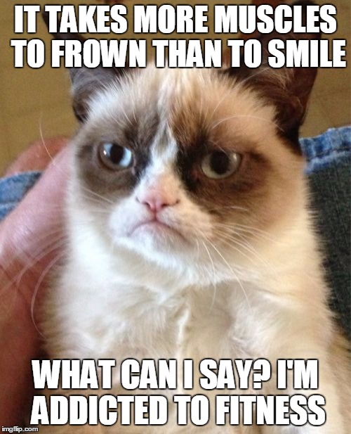 #repost | IT TAKES MORE MUSCLES TO FROWN THAN TO SMILE; WHAT CAN I SAY? I'M ADDICTED TO FITNESS | image tagged in memes,grumpy cat | made w/ Imgflip meme maker