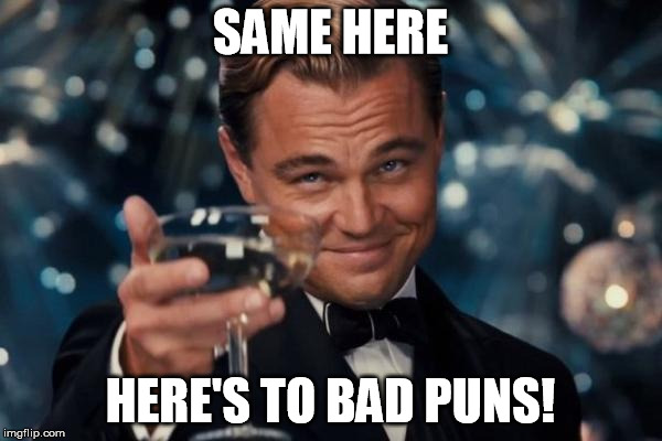 Leonardo Dicaprio Cheers Meme | SAME HERE HERE'S TO BAD PUNS! | image tagged in memes,leonardo dicaprio cheers | made w/ Imgflip meme maker